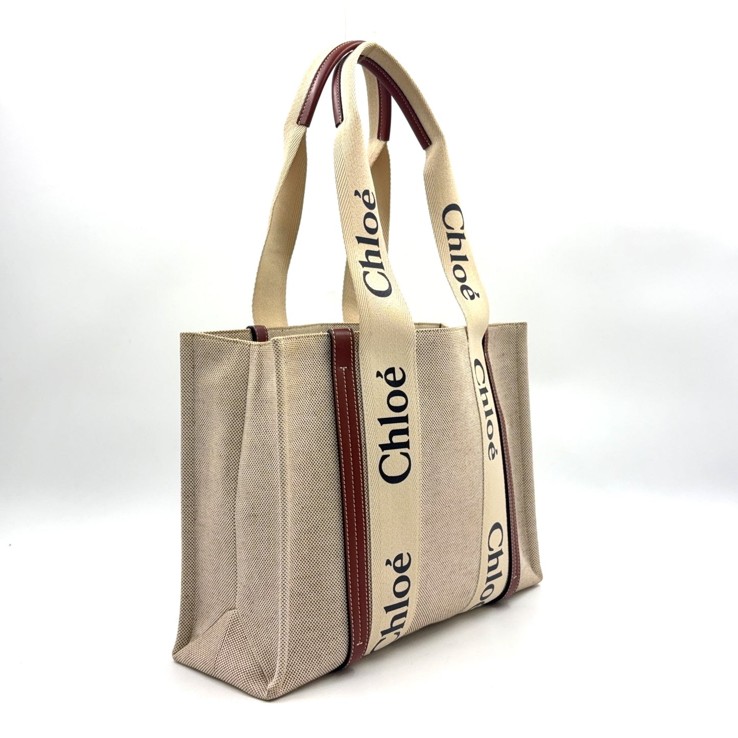 Chloé Woody Medium Tote Bag Canvas Beige