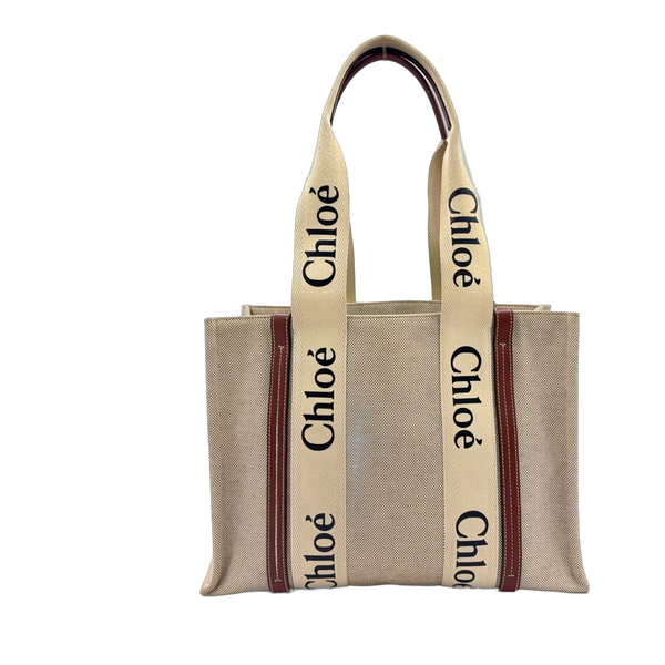 Chloé Woody Medium Tote Bag Canvas Beige